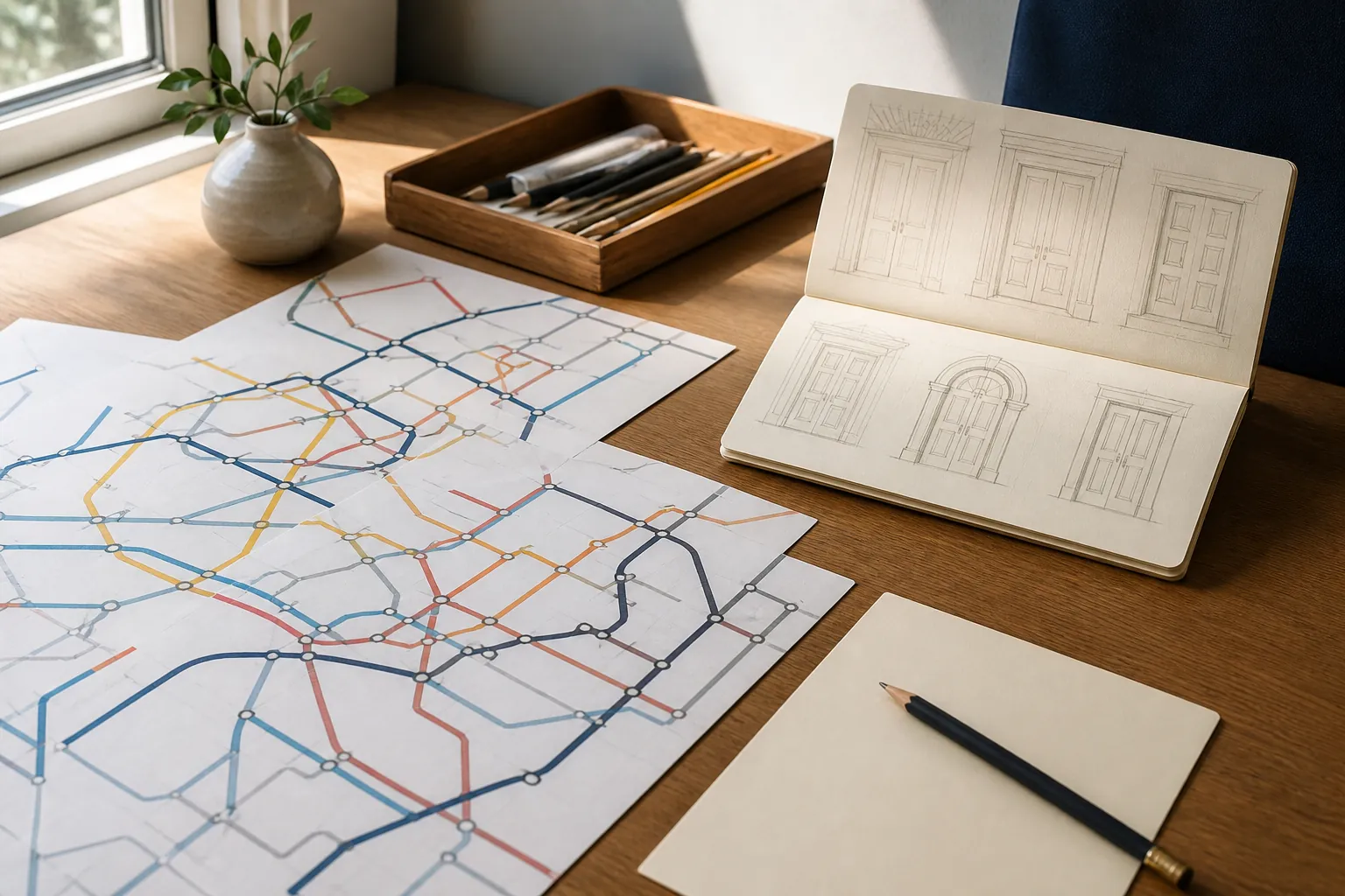 Wooden desk with printed transit strip maps, a folded notebook of door sketches, and a pencil beside a marked transfer note, daylight from a side window, 1920x1080