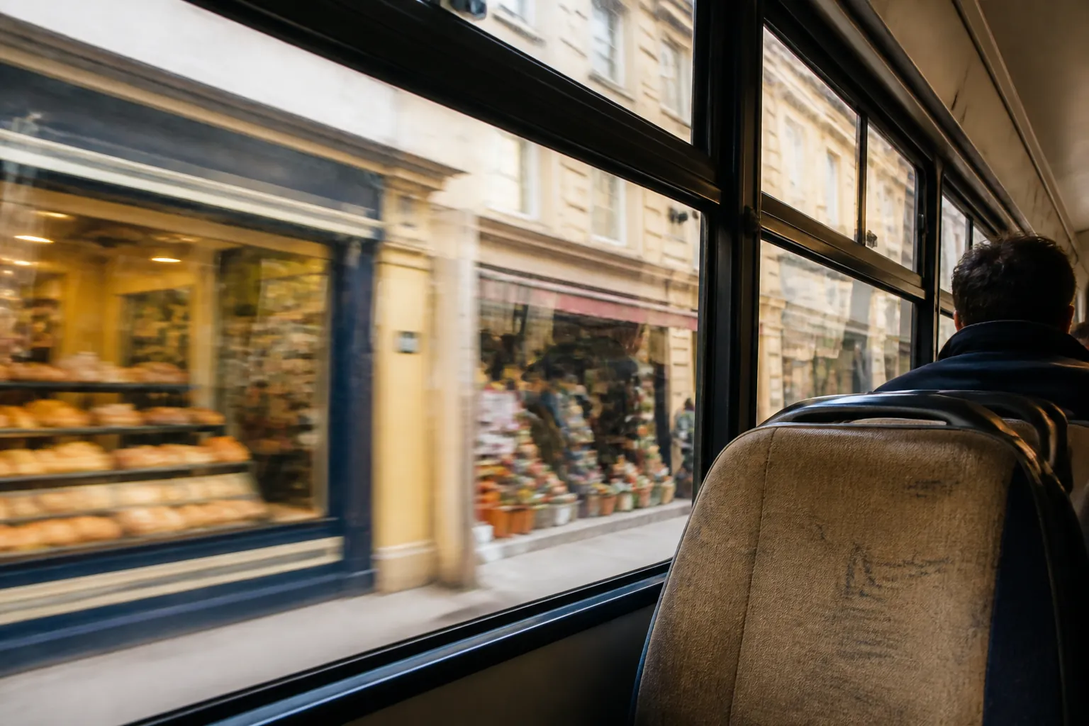 View from a city bus seat through large side windows, blurred bakery and hardware shopfronts sliding by, a worn fabric seat in the foreground, daylight reflecting on scratched glass, 1600x1000