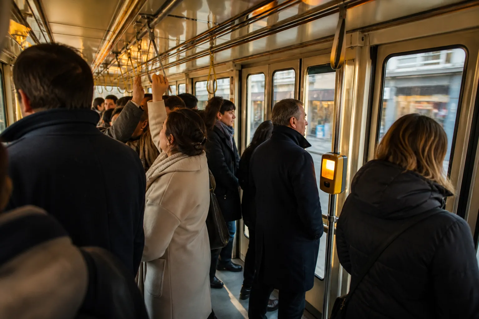 Crowded tram aisle in morning light, standing passengers gripping overhead rails, a yellow validator glowing beside the center doors, shopfronts sliding past the windows, mixed warm lamp light and cool daylight, 1920x1080