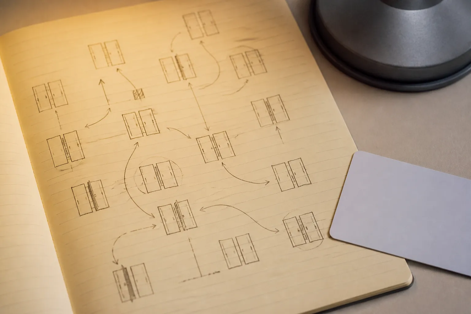Close view of handwritten route notes on lined paper, arrows marking door positions and stop counts, a transit pass resting at the margin, soft desk lamp light, 1600x1000