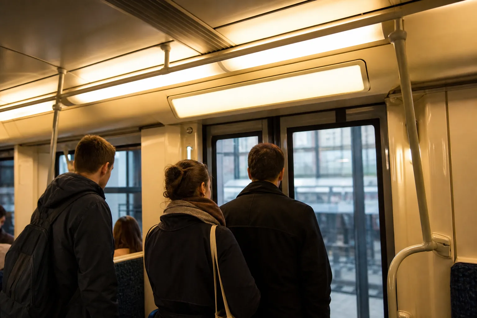Illuminated next-stop board above tram doors, standing passengers facing the leaf, scratched window glass showing blurred street lights outside, 1600x1000