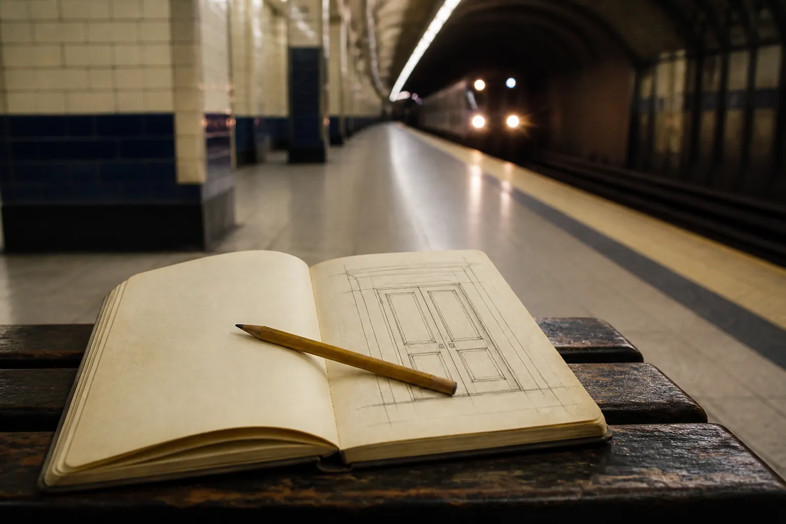 Open field notebook on a metro platform bench, pencil resting across a sketched door diagram, blurred train lights in the tunnel beyond, cool station tiles and warm notebook paper, 1920x1080