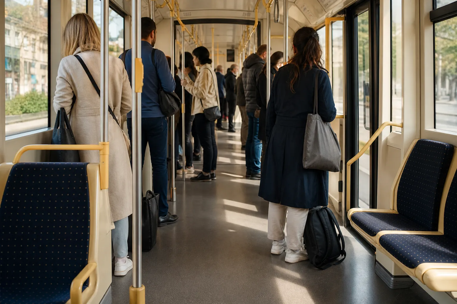 Shared tram aisle with standing passengers keeping bags at their feet, priority seats visible near the doors, soft daylight through tall windows, calm mid-morning density, 1600x1000