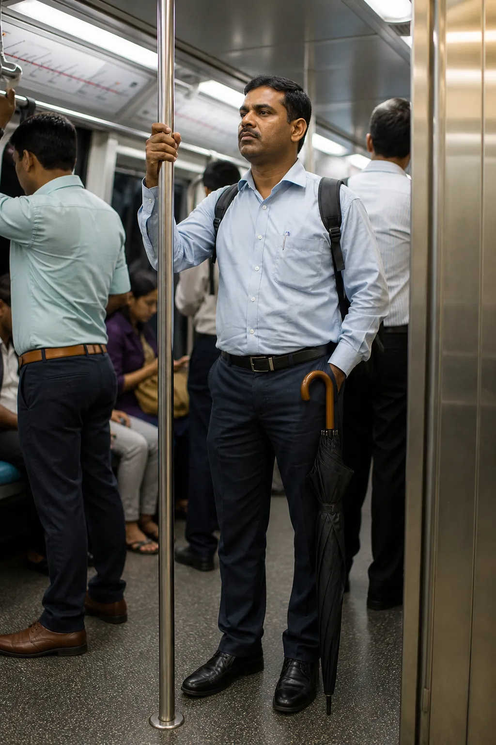 Standing passengers in a metro car holding a vertical stainless rail, a folded umbrella tucked against one shin, overhead route map slightly out of focus, cool fluorescent light on brushed metal, 1600x2000