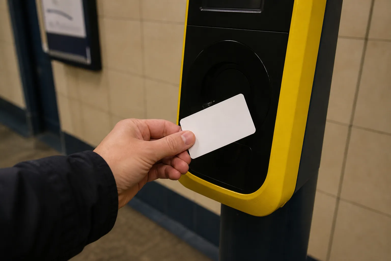 Yellow ticket validator on a platform pole beside closed train doors, a hand holding a pass ready to tap, tiled floor and distant platform clock, 1600x1000