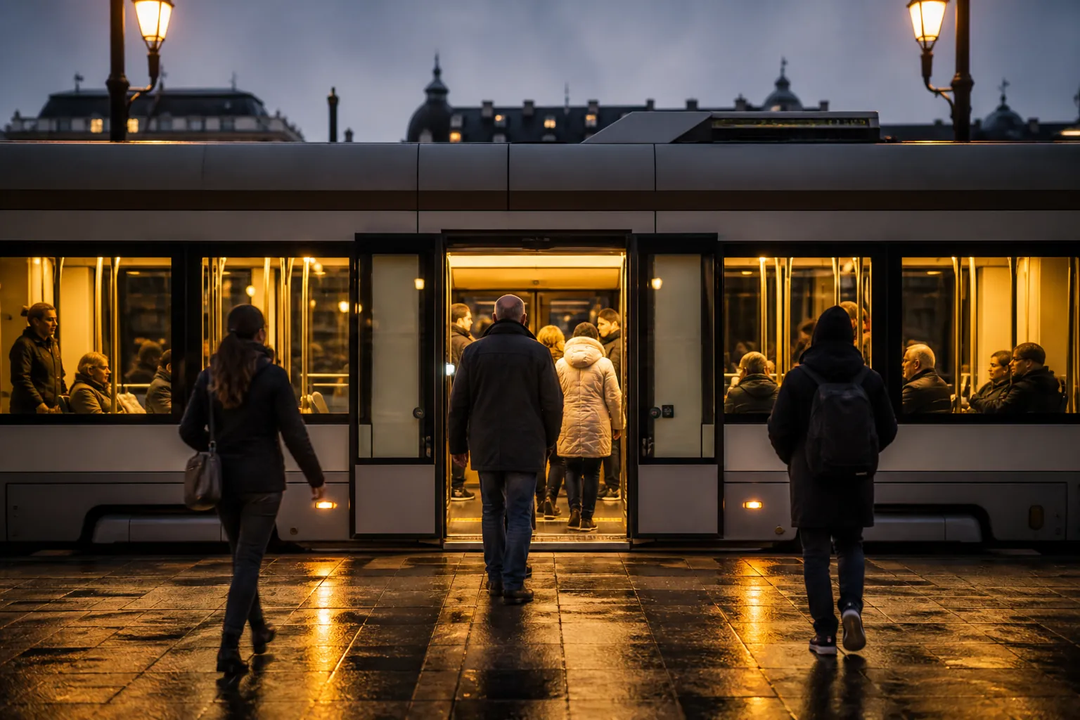 City tram at a curb with center doors open, passengers waiting clear of the leaf while others step down, wet pavement reflecting evening light, 1600x1000