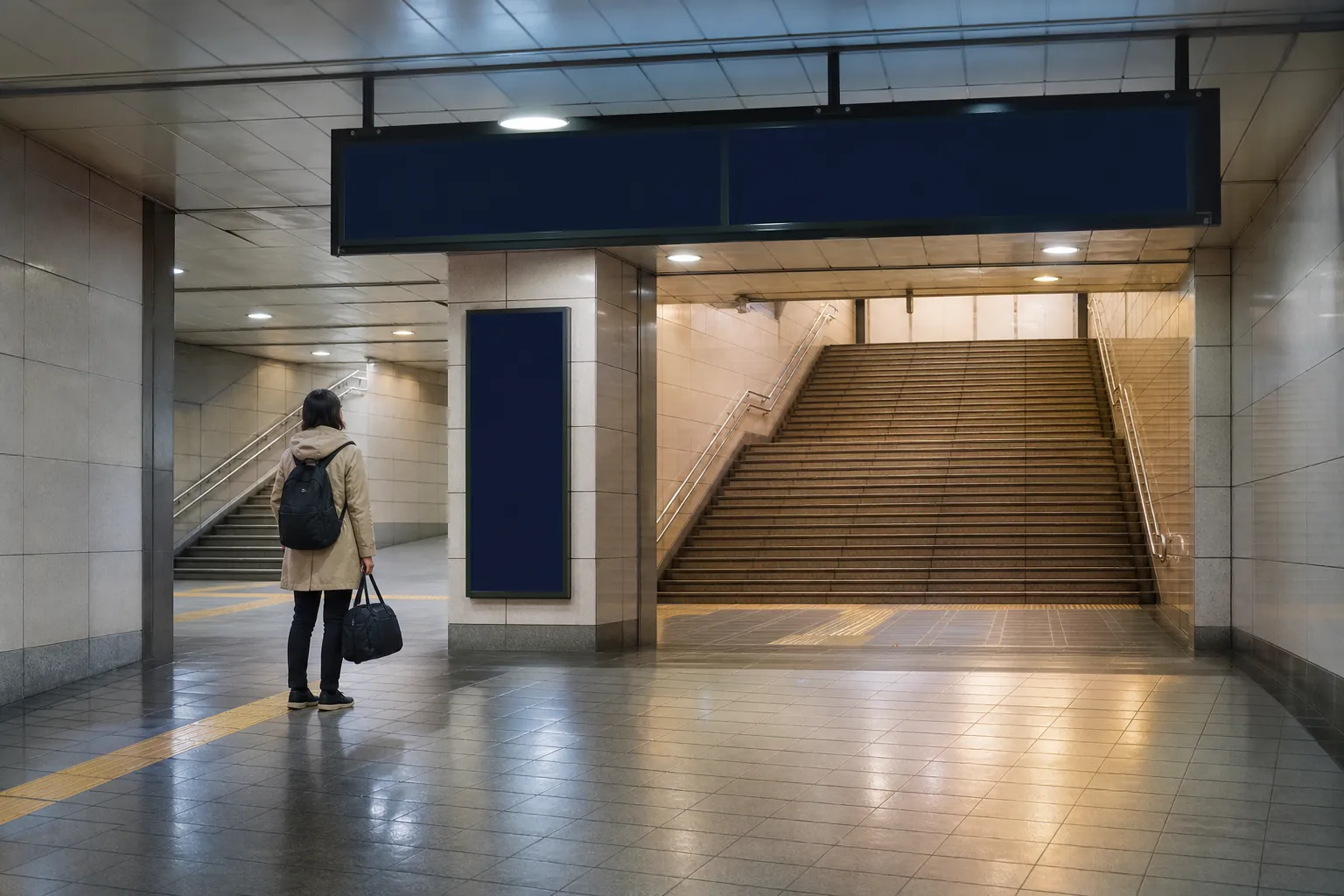 Wide transfer hall with staircases and overhead direction signs, a traveller pausing mid-landing with a shoulder bag, cool fluorescent light on pale stone floors, 1600x1000